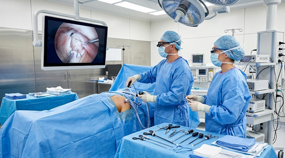Picture7 Surgeons in blue scrubs perform a laparoscopic operation while a monitor shows the inside view of the patient.