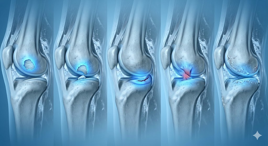 Illustration of a knee joint series showing cartilage wear and injury progressing from healthy to damaged.