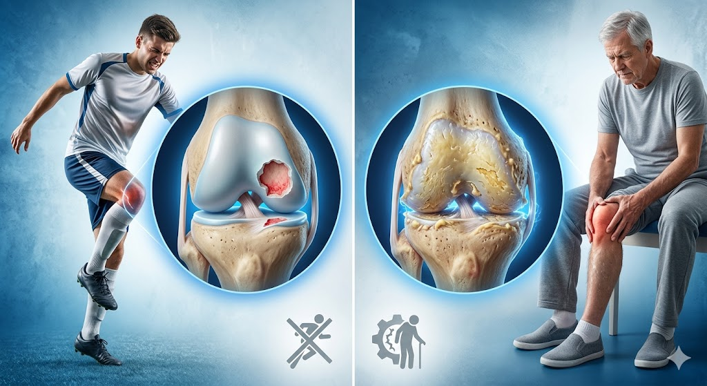 Left: soccer player injuring knee; right: older man with knee pain; circular insets show damaged knee joint cartilage and bone.