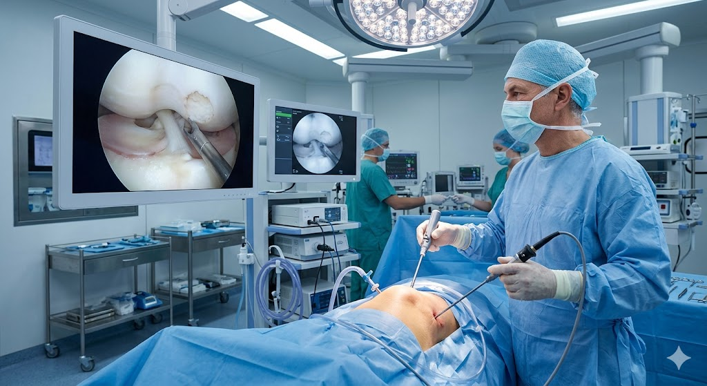 Surgeons in blue scrubs perform knee arthroscopy in a bright operating room, with a monitor showing the joint interior.