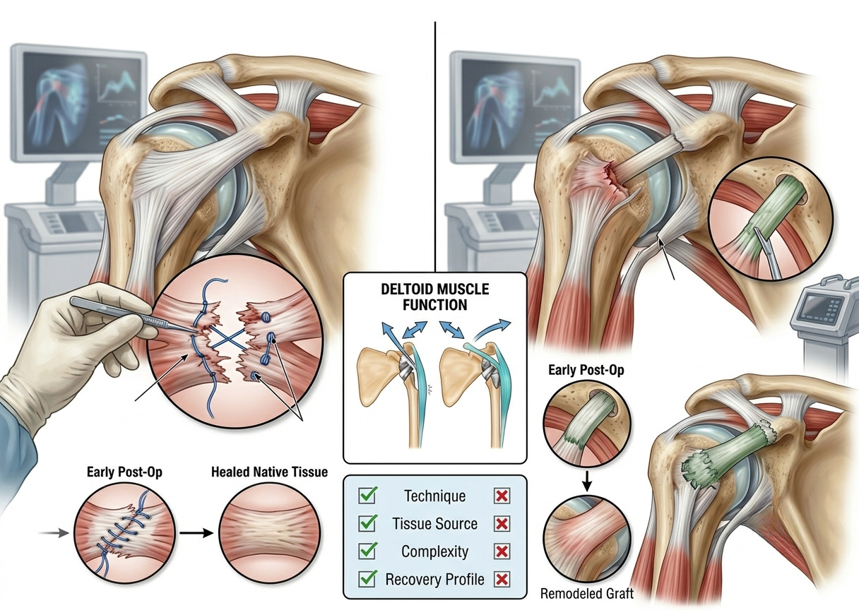Medical illustration of shoulder surgery with arthroscopic tools treating a rotator cuff tear during arthroscopy.