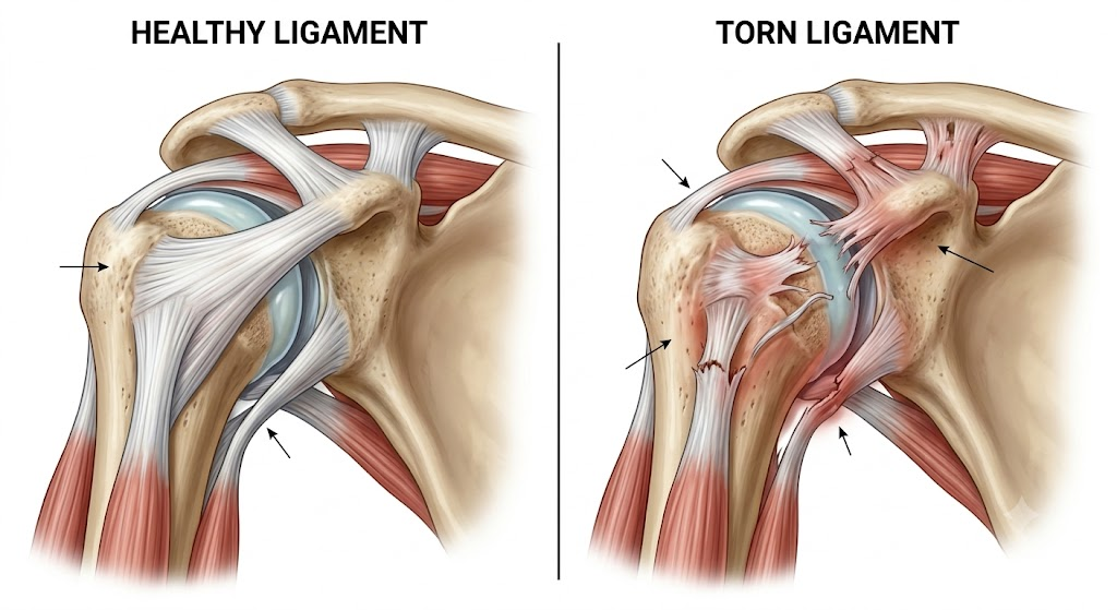 Side-by-side diagram of a healthy shoulder joint (left) with intact ligaments and a torn shoulder (right) with ruptured ligaments.