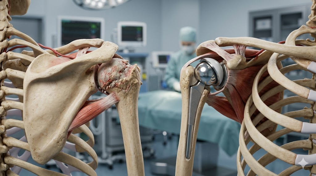 Anatomy model of a shoulder with a metal implant attached to the humerus, set in a hospital operating room background