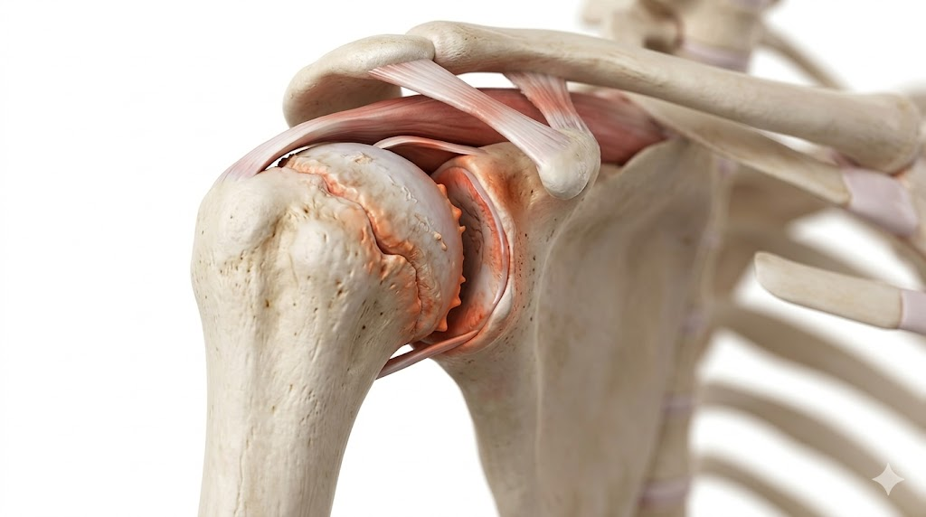Close-up view of a skeletal shoulder with rotator cuff muscles shown in an anatomical model.