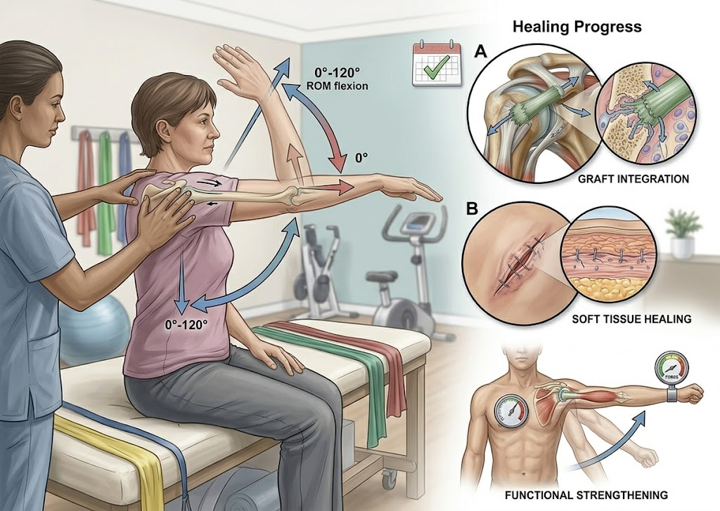 Therapist assists patient with arm ROM exercises during rehab, showing upward and sideward motion ranges across 0°–120° and 0°–120° arcs.