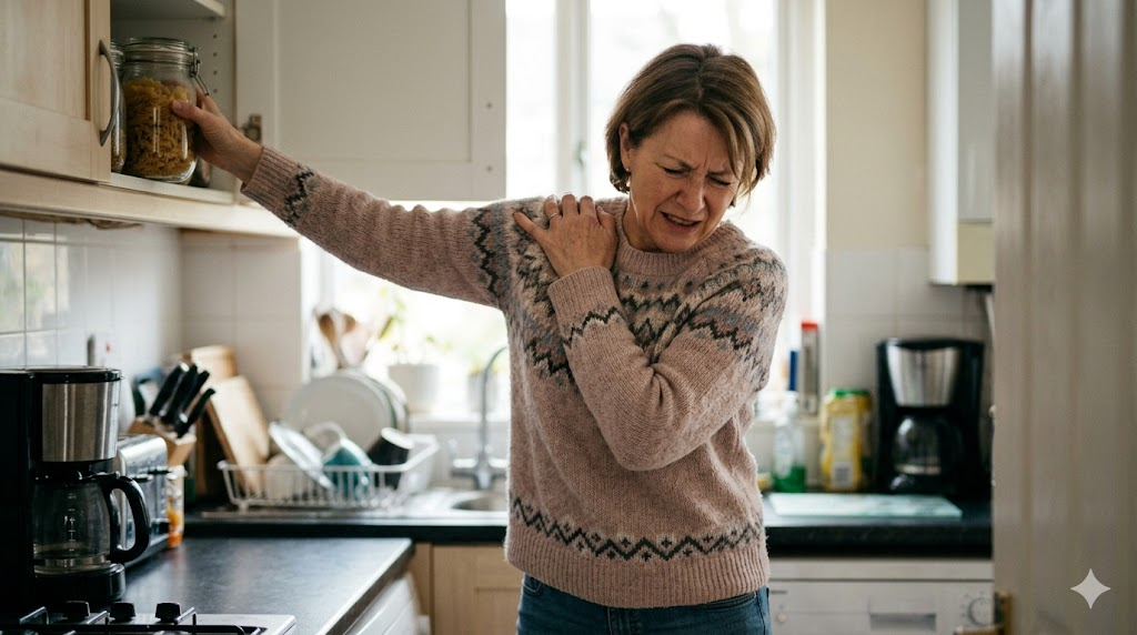 Woman in a pink patterned sweater stands in a bright kitchen, clutching her shoulder in pain as she reaches for a jar on a high shelf.