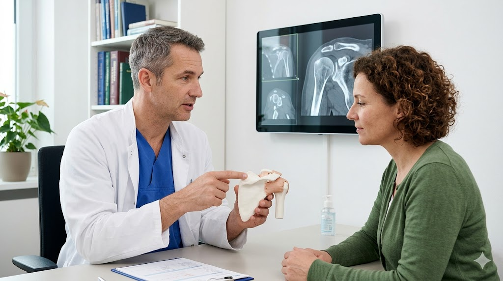 Doctor in a white coat explains a shoulder model to a woman in a green sweater during a medical consult, with X-ray images on a monitor behind them.