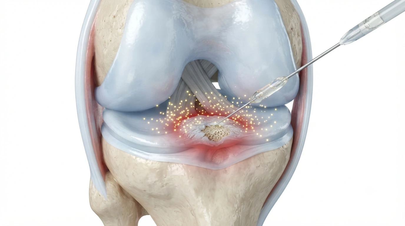 Gemini_Generated_Image_1du88a1du88a1du8 Medical illustration of a knee joint being injected to treat cartilage, with the needle aimed at the inner cartilage area.
