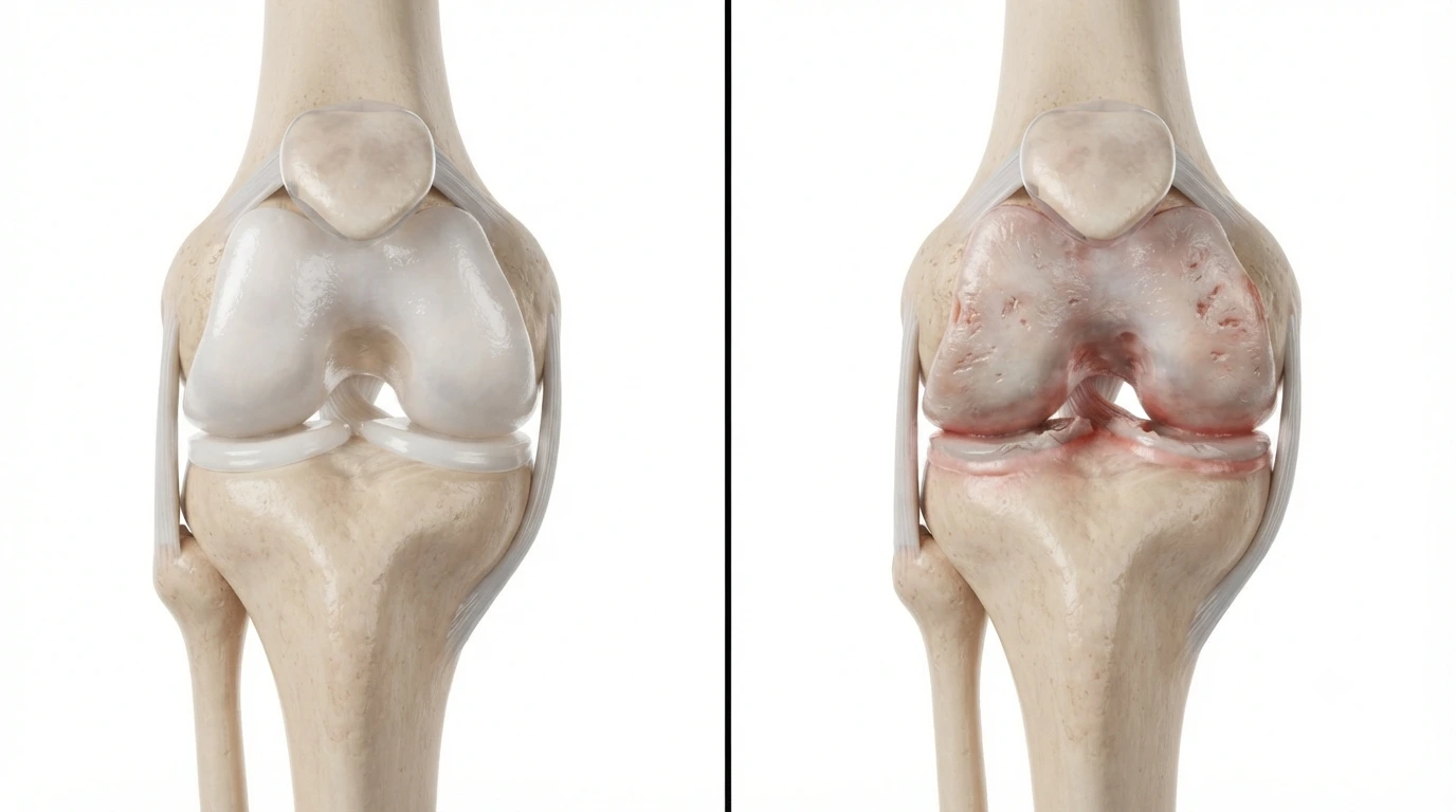 Gemini_Generated_Image_oiab62oiab62oiab (1) Comparison of knee joints: left shows healthy cartilage, right shows worn, eroded cartilage with inflammation and redness.